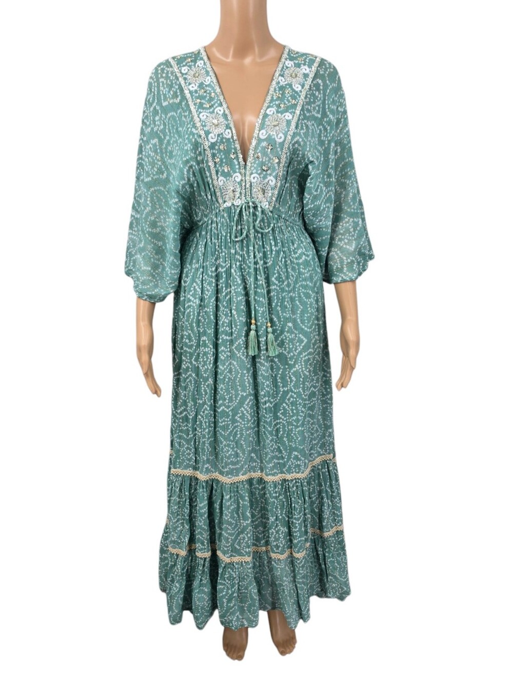Zury Boho Embroidered V-Neck Maxi Dress Sage Green Metallic Gold Stripes Teired